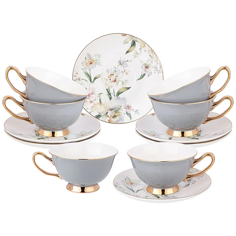 Чайный набор из фарфора на 6 персон Grey Tea Porcelain Set Белый Золотой Серый в Сочи | Loft Concept 