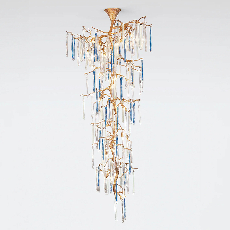 Люстра каскадная с прозрачными и голубыми подвесками в форме капель Droplet Chandelier Золотой Прозрачный Голубой Люстра каскадная с прозрачными и голубыми подвесками в форме капель Droplet Chandelier Золотой Прозрачный Голубой в Сочи | Loft Concept