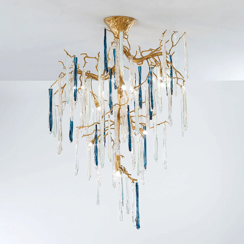 Люстра с прозрачными и голубыми подвесками в форме капель Droplet Chandelier Золотой Прозрачный Синий Люстра с прозрачными и голубыми подвесками в форме капель Droplet Chandelier Золотой Прозрачный Синий в Сочи | Loft Concept
