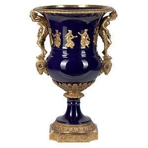 Ваза темно-синего цвета из фарфора с бронзовыми ручками в виде фигур Eden Garden porcelain and bronze