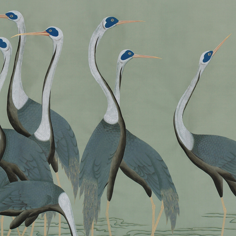 Обои ручная роспись Sarus Cranes Colourway SC-206 on Blue Grey dyed silk Обои ручная роспись Sarus Cranes Colourway SC-206 on Blue Grey dyed silk в Сочи | Loft Concept