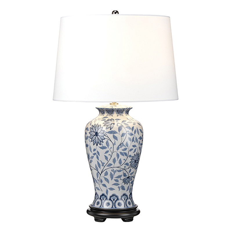 Настольная лампа с керамическим основанием в белом цвете с синим цветочным орнаментом на темной деревянной подставке и тканевым абажуром Elstead Lighting Белый Синий Черный в Сочи | Loft Concept 