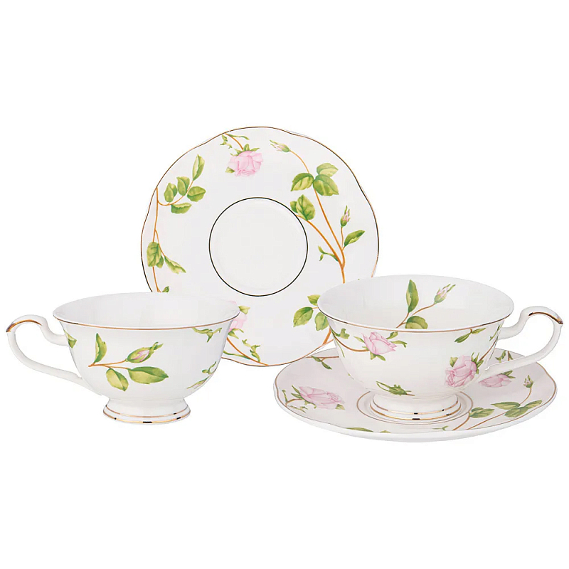 Чайный набор из фарфора белый с цветочным принтом на 2 персоны 4 предмета Flower Porcelain Collection Белый Мульти в Сочи | Loft Concept 