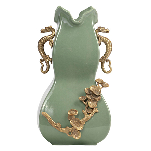 Ваза зеленого цвета из фарфора с бронзовыми ручками в виде драконов и рельефным цветочным декором Eden Garden porcelain and bronze