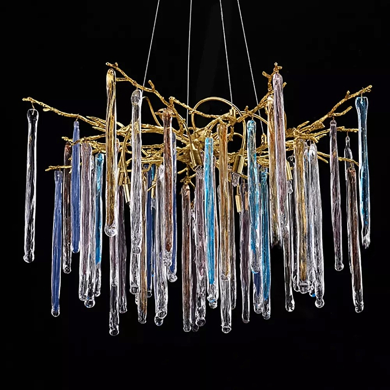 Люстра на подвесе с каркасом из металла и цветными подвесками из стекла Droplet Chandelier Золотой Прозрачный Голубой Янтарный Люстра на подвесе с каркасом из металла и цветными подвесками из стекла Droplet Chandelier Золотой Прозрачный Голубой Янтарный в Сочи | Loft Concept