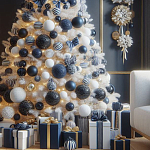 Украшенная Белая Новогодняя Елка с сине-белыми шарами и и муляжами подарков в комплекте варинант исполнения - 2 | Loft Concept в Сочи