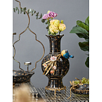 Ваза черная фарфоровая с  узором и бронзовым декором в виде веток с фарфоровой птичкой и цветами Eden Garden варинант исполнения - 2 | Loft Concept в Сочи