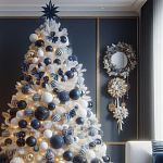 Украшенная Белая Новогодняя Елка с сине-белыми шарами и и муляжами подарков в комплекте варинант исполнения - 1 | Loft Concept в Сочи