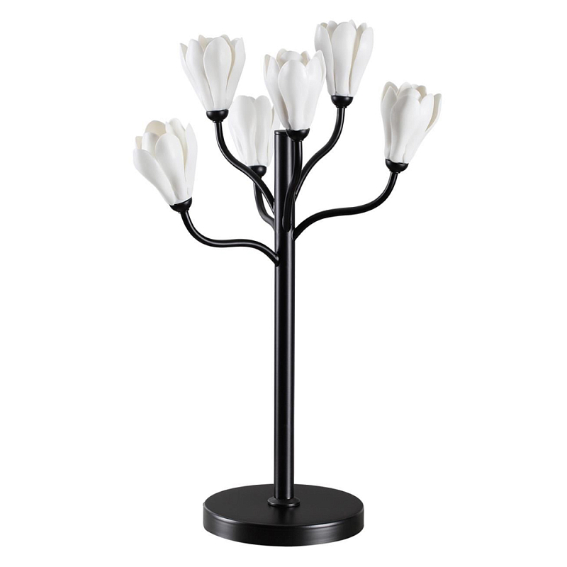 Настольная лампа с ветвями и белыми фарфоровыми цветами Floralis Черный Белый в Сочи | Loft Concept 