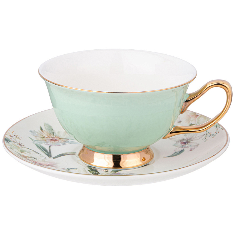 Чайная пара из фарфора 200 мл Green Tea Porcelain Set Белый Золотой Зеленый в Сочи | Loft Concept 